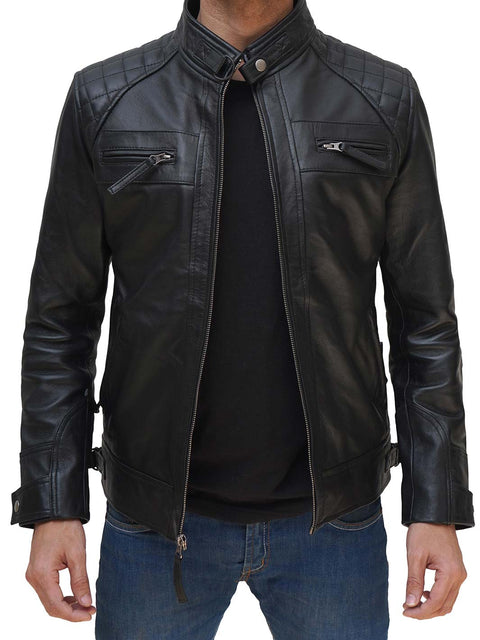 Mens Black Leather Jacket with Removable Hood