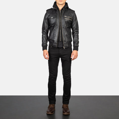 Black Hooded Leather Bomber Jacket