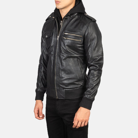Black Hooded Leather Bomber Jacket