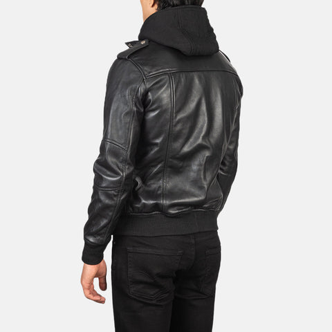 Black Hooded Leather Bomber Jacket