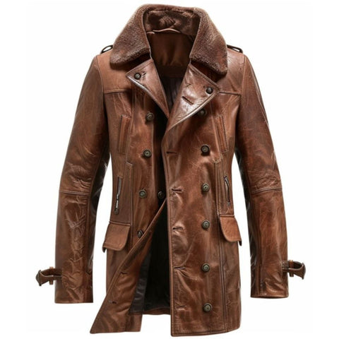 Mens Brown Leather Field Coat with Shearling Collar