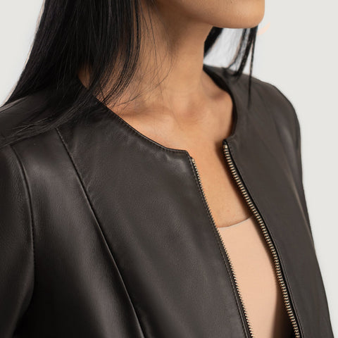 Brown Collarless Leather Jacket