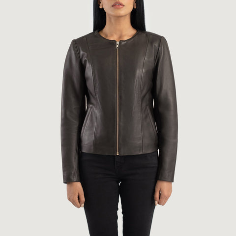 Brown Collarless Leather Jacket