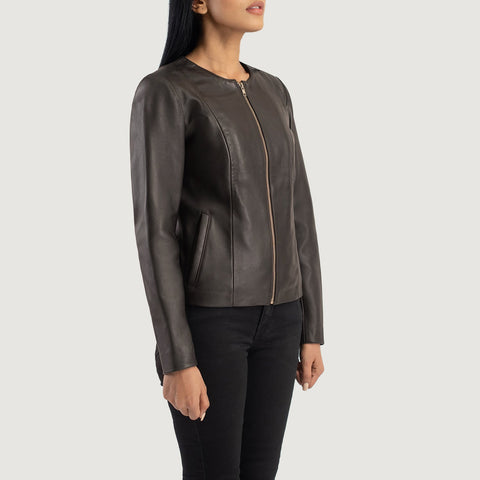 Brown Collarless Leather Jacket