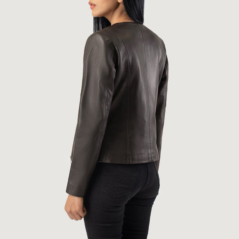 Brown Collarless Leather Jacket