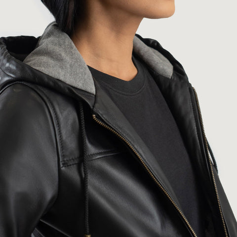 Black Hooded Leather Bomber Jacket