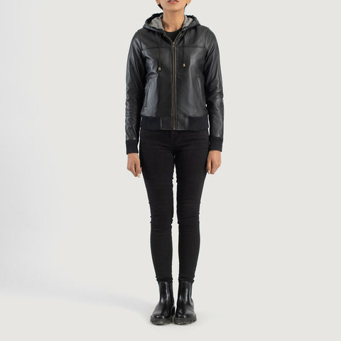 Black Hooded Leather Bomber Jacket
