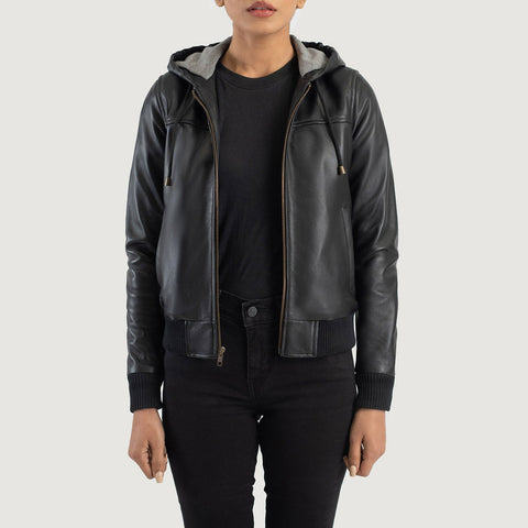 Black Hooded Leather Bomber Jacket