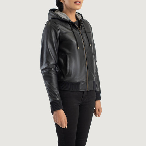 Black Hooded Leather Bomber Jacket