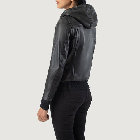 Black Hooded Leather Bomber Jacket