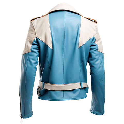 Mens Blue White Sheepskin Asymmetric Moto Jacket
